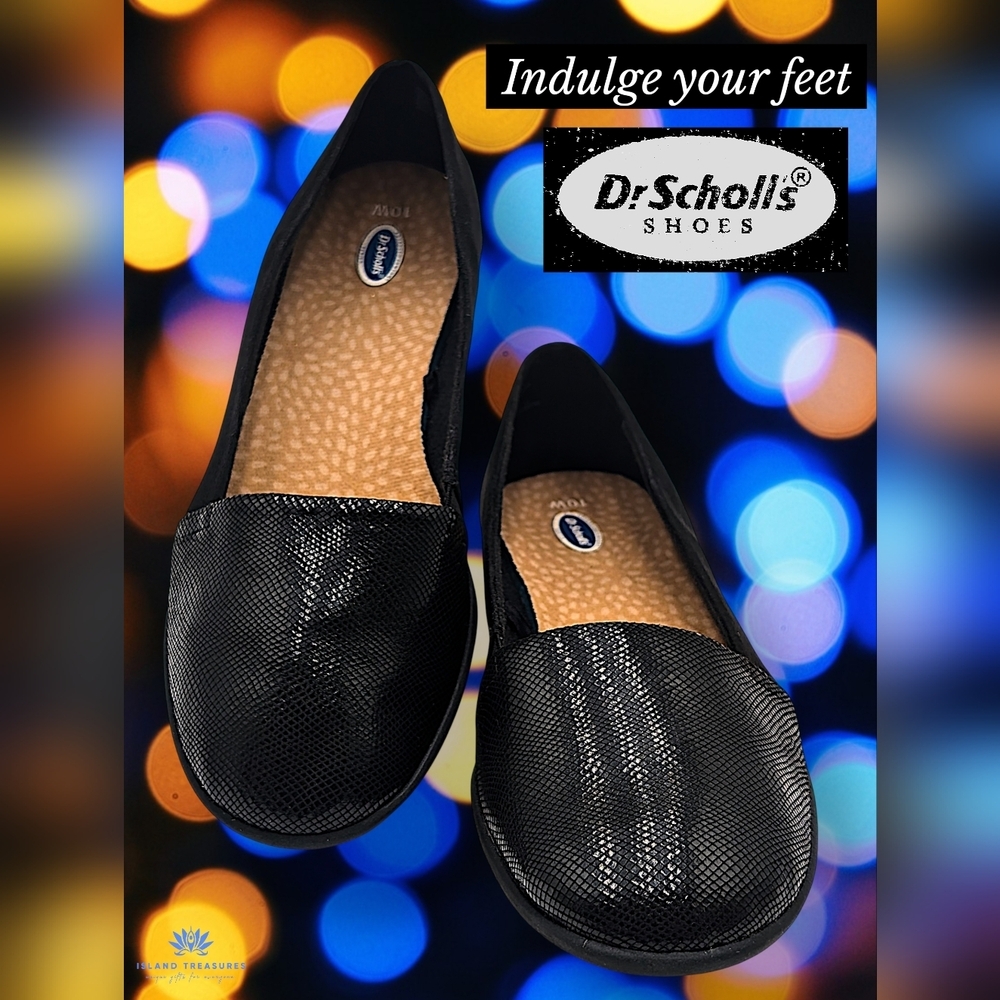 Dr. Scholl's Women Sz 10W Shiny Faux-Suede Cushioned Black Flats Snakeskin Toe
